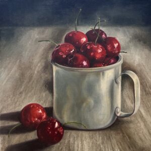 oil painting on canvas of cherries in a cup